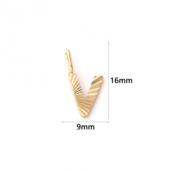 Imagen de 2 PCs Eco-friendly PVD Vacuum Plating 304 Stainless Steel Capital Alphabet Initial Letter Name Charms 18K Real Gold Plated Stripe Message " V " 16mm x 9mm