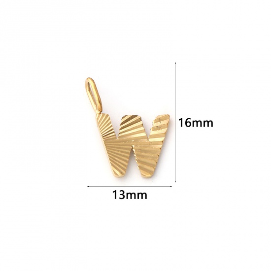Imagen de 2 PCs Eco-friendly PVD Vacuum Plating 304 Stainless Steel Capital Alphabet Initial Letter Name Charms 18K Real Gold Plated Stripe Message " W " 16mm x 13mm