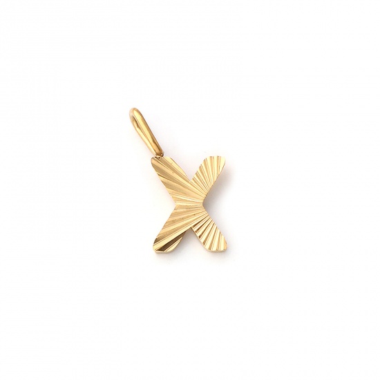 Imagen de 2 PCs Eco-friendly PVD Vacuum Plating 304 Stainless Steel Capital Alphabet Initial Letter Name Charms 18K Real Gold Plated Stripe Message " X " 15mm x 10mm