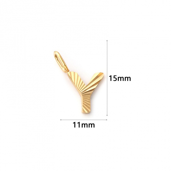 Imagen de 2 PCs Eco-friendly PVD Vacuum Plating 304 Stainless Steel Capital Alphabet Initial Letter Name Charms 18K Real Gold Plated Stripe Message " Y " 15mm x 11mm