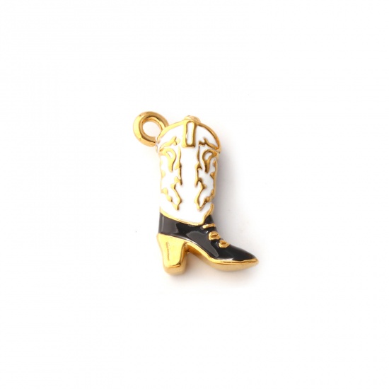 Image de 1 Pièce Breloques en 304 Acier Inoxydable Revêtement sous Vide PVD Respectueux de l'Environnement Cowboy de l'Ouest Plaqué Or 18K Blanc Émail Bottes 3D 19mm x 14mm