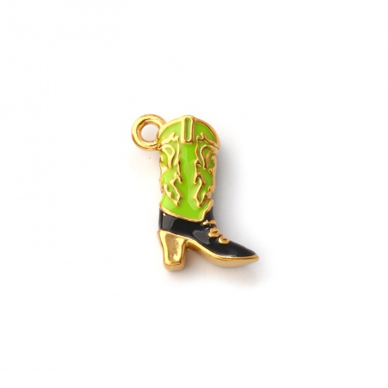 Image de 1 Pièce Breloques en 304 Acier Inoxydable Revêtement sous Vide PVD Respectueux de l'Environnement Cowboy de l'Ouest Plaqué Or 18K Vert Émail Bottes 3D 19mm x 14mm
