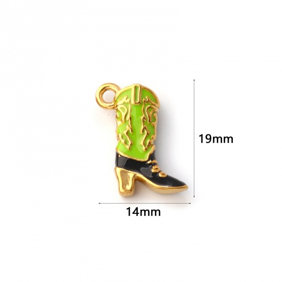 Image de 1 Pièce Breloques en 304 Acier Inoxydable Revêtement sous Vide PVD Respectueux de l'Environnement Cowboy de l'Ouest Plaqué Or 18K Vert Émail Bottes 3D 19mm x 14mm