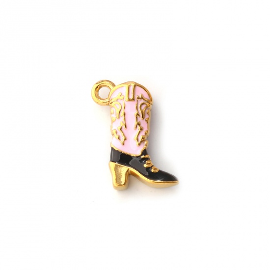 Image de 1 Pièce Breloques en 304 Acier Inoxydable Revêtement sous Vide PVD Respectueux de l'Environnement Cowboy de l'Ouest Plaqué Or 18K Rose Émail Bottes 3D 19mm x 14mm
