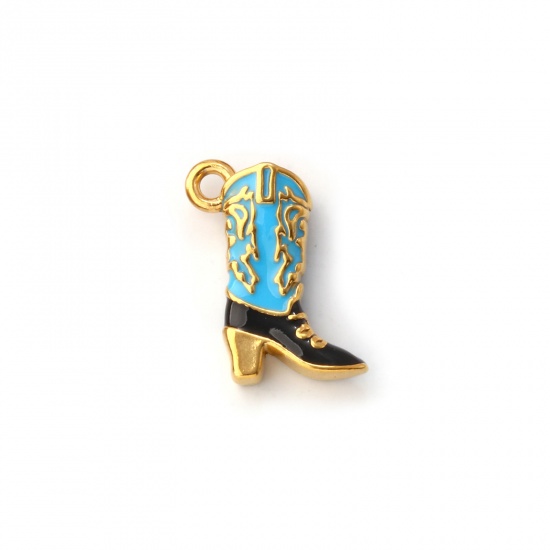 Image de 1 Pièce Breloques en 304 Acier Inoxydable Revêtement sous Vide PVD Respectueux de l'Environnement Cowboy de l'Ouest Plaqué Or 18K Bleu Émail Bottes 3D 19mm x 14mm