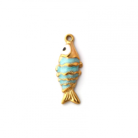 Picture of 1 Piece Eco-friendly PVD Vacuum Plating 304 Stainless Steel Ocean Jewelry Charms 18K Gold Plated Mint Green Enamel Fish Animal Ripple Pearlized 26mm x 10mm