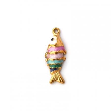 Picture of 1 Piece Eco-friendly PVD Vacuum Plating 304 Stainless Steel Ocean Jewelry Charms 18K Gold Plated Multicolor Enamel Fish Animal Ripple Pearlized 26mm x 10mm