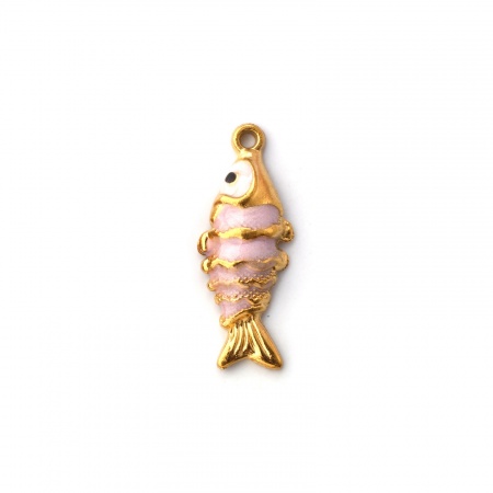 Picture of 1 Piece Eco-friendly PVD Vacuum Plating 304 Stainless Steel Ocean Jewelry Charms 18K Gold Plated Light Pink Enamel Fish Animal Ripple Pearlized 26mm x 10mm