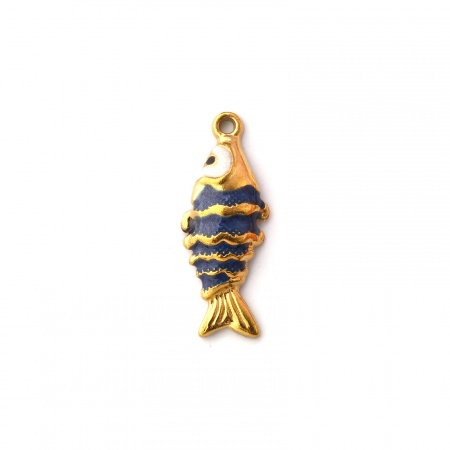 Picture of 1 Piece Eco-friendly PVD Vacuum Plating 304 Stainless Steel Ocean Jewelry Charms 18K Gold Plated Dark Blue Enamel Fish Animal Ripple Pearlized 26mm x 10mm