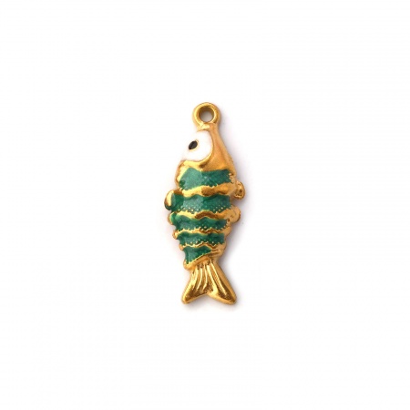 Picture of 1 Piece Eco-friendly PVD Vacuum Plating 304 Stainless Steel Ocean Jewelry Charms 18K Gold Plated Green Enamel Fish Animal Ripple Pearlized 26mm x 10mm