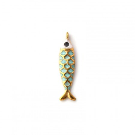 Picture of 1 Piece Eco-friendly PVD Vacuum Plating 304 Stainless Steel Ocean Jewelry Charms 18K Gold Plated Mint Green Enamel Fish Animal Pearlized 26mm x 6mm