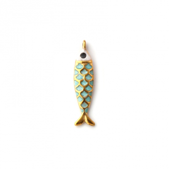 Immagine di 1 Pz Placcatura Sottovuoto PVD Ecologica 304 Acciaio Inossidabile Gioielli Oceanici Ciondoli Placcato Oro 18K Menta Verde Smalto Pesce Madreperla 26mm x 6mm