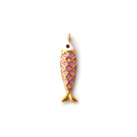 Picture of 1 Piece Eco-friendly PVD Vacuum Plating 304 Stainless Steel Ocean Jewelry Charms 18K Gold Plated Mauve Enamel Fish Animal Pearlized 26mm x 6mm
