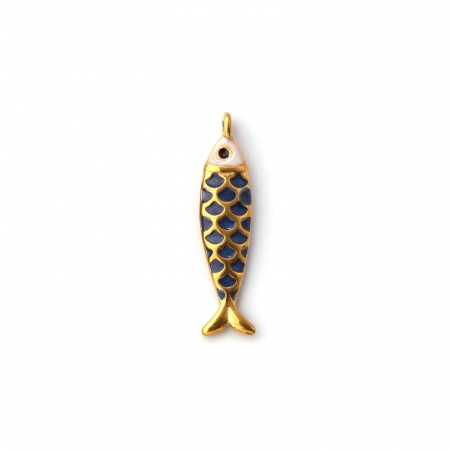 Picture of 1 Piece Eco-friendly PVD Vacuum Plating 304 Stainless Steel Ocean Jewelry Charms 18K Gold Plated Dark Blue Enamel Fish Animal Pearlized 26mm x 6mm