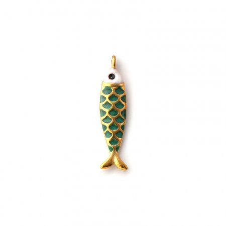 Picture of 1 Piece Eco-friendly PVD Vacuum Plating 304 Stainless Steel Ocean Jewelry Charms 18K Gold Plated Green Enamel Fish Animal Pearlized 26mm x 6mm