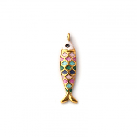Picture of 1 Piece Eco-friendly PVD Vacuum Plating 304 Stainless Steel Ocean Jewelry Charms 18K Gold Plated Multicolor Enamel Fish Animal Pearlized 26mm x 6mm