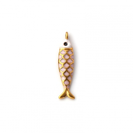 Picture of 1 Piece Eco-friendly PVD Vacuum Plating 304 Stainless Steel Ocean Jewelry Charms 18K Gold Plated Light Pink Enamel Fish Animal Pearlized 26mm x 6mm