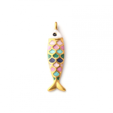 Picture of 1 Piece Eco-friendly PVD Vacuum Plating 304 Stainless Steel Ocean Jewelry Pendants 18K Gold Plated Multicolor Enamel Fish Animal Pearlized 4.9cm x 1.2cm