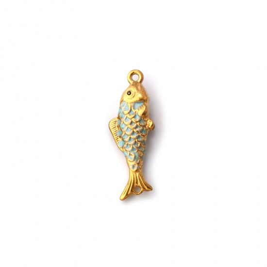 Immagine di 1 Pz Placcatura Sottovuoto PVD Ecologica 304 Acciaio Inossidabile Gioielli Oceanici Pendenti Charms Connettori Pesce Placcato Oro 18K Menta Verde Smalto Madreperla 26mm x 9mm