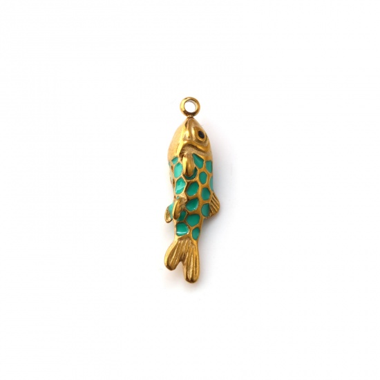Immagine di 1 Pz Placcatura Sottovuoto PVD Ecologica 304 Acciaio Inossidabile Gioielli Oceanici Pendenti Charms Connettori Pesce Placcato Oro 18K Verde Smalto 3D 27mm x 8mm