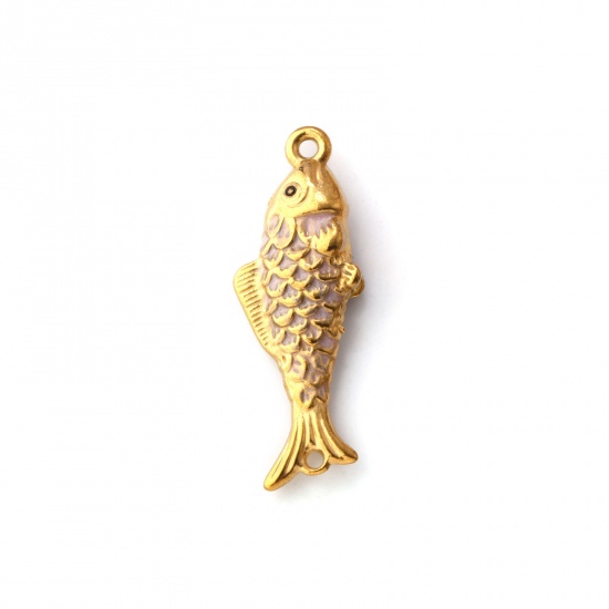 Bild von 1 Stück Umweltfreundliche PVD-Vakuumbeschichtung 304 Edelstahl Ozean Schmuck Steckverbinder Charms Anhänger Fisch 18K Vergoldet Helllila Emaille Perlmuttartig 3.8cm x 1.3cm