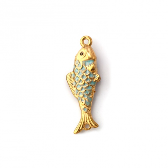 Bild von 1 Stück Umweltfreundliche PVD-Vakuumbeschichtung 304 Edelstahl Ozean Schmuck Steckverbinder Charms Anhänger Fisch 18K Vergoldet Mintgrün Emaille Perlmuttartig 3.8cm x 1.3cm