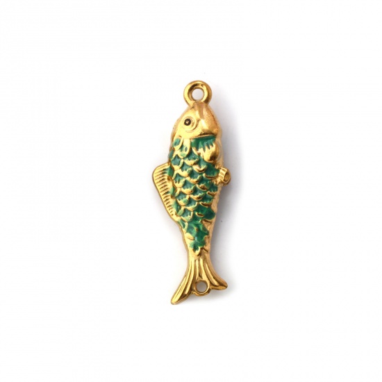 Bild von 1 Stück Umweltfreundliche PVD-Vakuumbeschichtung 304 Edelstahl Ozean Schmuck Steckverbinder Charms Anhänger Fisch 18K Vergoldet Grün Emaille Perlmuttartig 3.8cm x 1.3cm