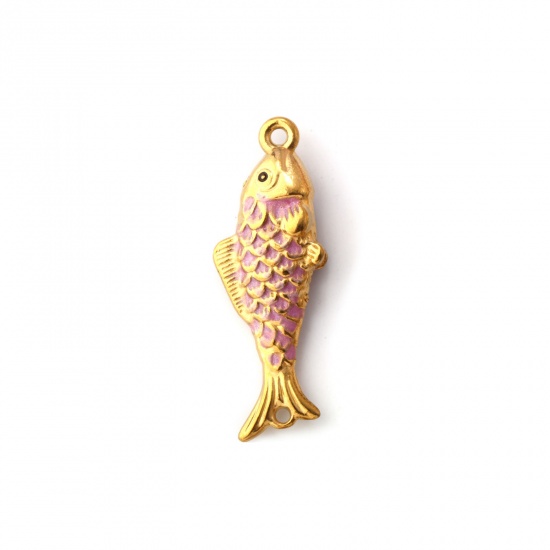 Bild von 1 Stück Umweltfreundliche PVD-Vakuumbeschichtung 304 Edelstahl Ozean Schmuck Steckverbinder Charms Anhänger Fisch 18K Vergoldet Hellrosa Emaille Perlmuttartig 3.8cm x 1.3cm