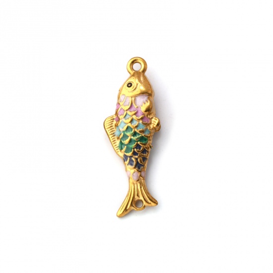 Bild von 1 Stück Umweltfreundliche PVD-Vakuumbeschichtung 304 Edelstahl Ozean Schmuck Steckverbinder Charms Anhänger Fisch 18K Vergoldet Bunt Emaille Perlmuttartig 3.8cm x 1.3cm