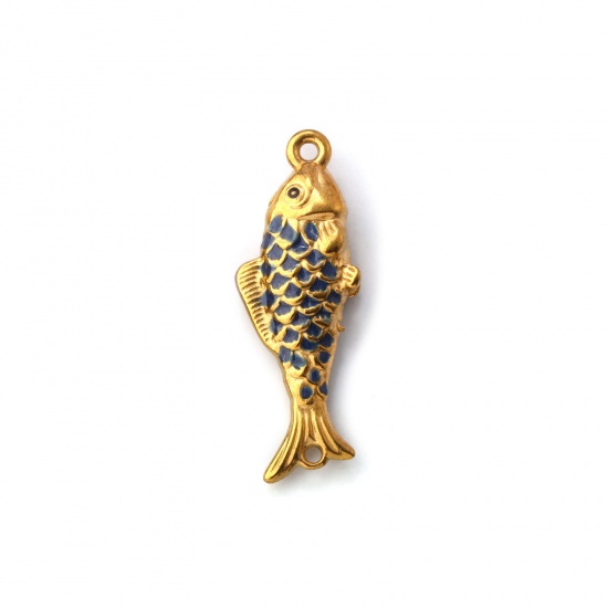 Bild von 1 Stück Umweltfreundliche PVD-Vakuumbeschichtung 304 Edelstahl Ozean Schmuck Steckverbinder Charms Anhänger Fisch 18K Vergoldet Dunkelblau Emaille Perlmuttartig 3.8cm x 1.3cm