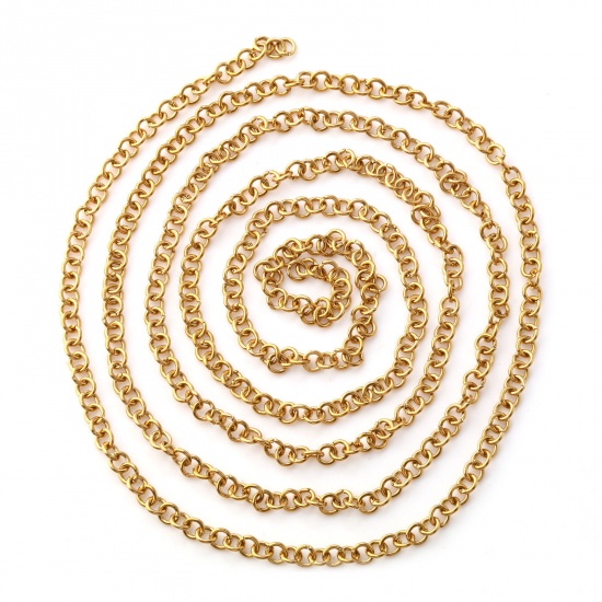 Picture of 1 M Eco-friendly PVD Vacuum Plating 304 Stainless Steel Open Rolo Chain For Handmade DIY Jewelry Making Findings 18K Real Gold Plated 4mm