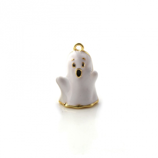 Immagine di 1 Piece Brass Charms 18K Gold Plated White Enamel Halloween Ghost 3D 15mm x 10mm