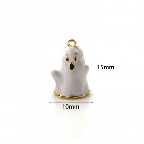Immagine di 1 Piece Brass Charms 18K Gold Plated White Enamel Halloween Ghost 3D 15mm x 10mm