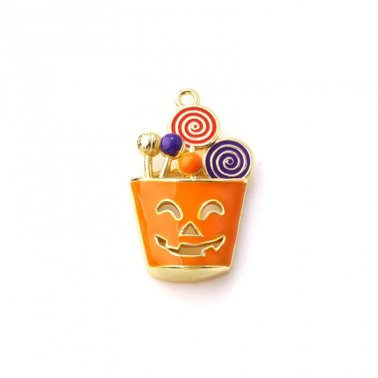 1 Piece Brass Halloween Charms 18K Gold Plated Orange Enamel Candy Ghost Face 25mm x 15mm の画像