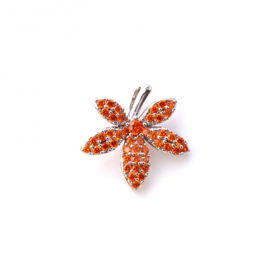 Bild von 1 Piece Brass Charms Platinum Plated Leaf Micro Pave Orange Cubic Zirconia 18.5mm x 18mm