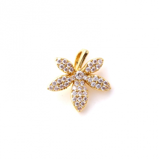 Bild von 1 Piece Brass Charms 18K Gold Plated Leaf Micro Pave Clear Cubic Zirconia 18.5mm x 18mm