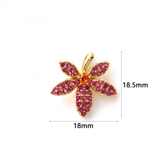 Bild von 1 Piece Brass Charms 18K Gold Plated Leaf Micro Pave Fuchsia Cubic Zirconia 18.5mm x 18mm