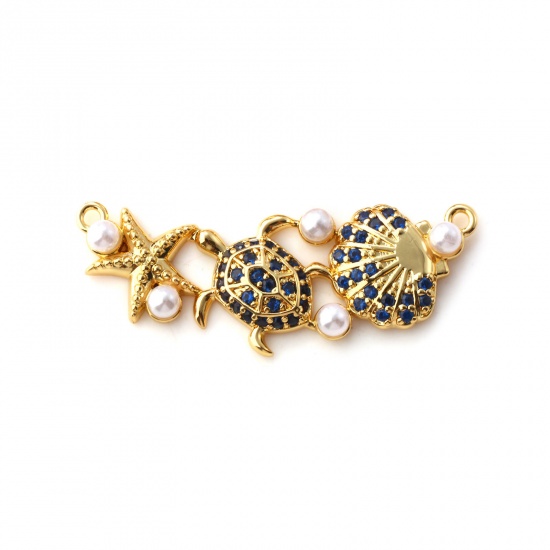 Immagine di 1 Piece Brass Ocean Jewelry Connectors Charms Pendants 18K Gold Plated White Shell Star Fish Acrylic Imitation Pearl Deep Blue Cubic Zirconia 3.5cm x 1.4cm