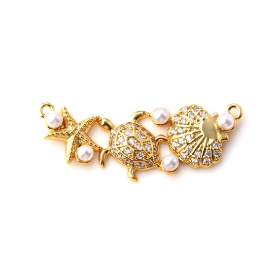 Immagine di 1 Piece Brass Ocean Jewelry Connectors Charms Pendants 18K Gold Plated White Shell Star Fish Acrylic Imitation Pearl Clear Cubic Zirconia 3.5cm x 1.4cm