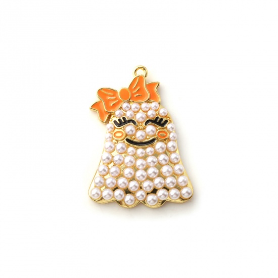 Immagine di 1 Pz Ottone Carino Ciondoli Pendenti Placcato Oro 18K Arancione Smalto Halloween Fantasma Perla Imitato Acrilico 3.2cm x 2.3cm