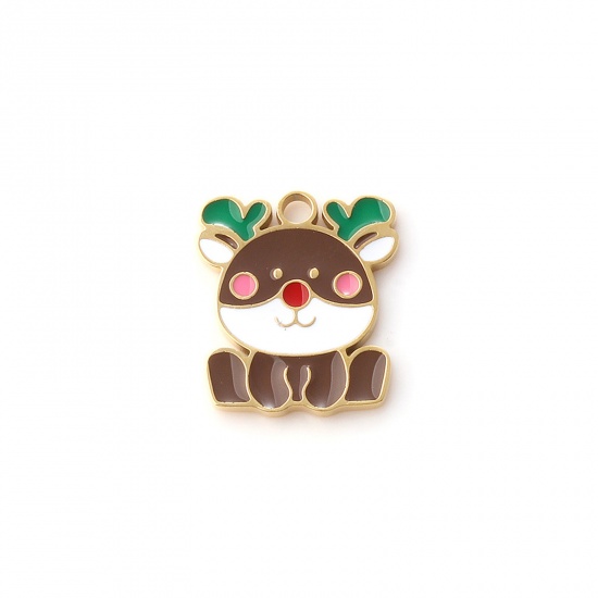 Immagine di 1 Piece Eco-friendly PVD Vacuum Plating 304 Stainless Steel Charms 18K Real Gold Plated Multicolor Enamel Christmas Reindeer 15mm x 13mm