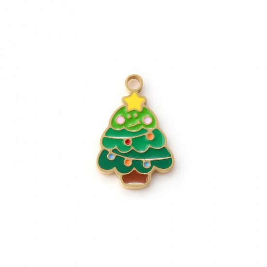Immagine di 1 Piece Eco-friendly PVD Vacuum Plating 304 Stainless Steel Charms 18K Real Gold Plated Green Enamel Christmas Tree 17.5mm x 12mm