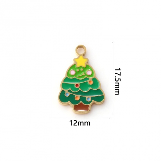 Immagine di 1 Piece Eco-friendly PVD Vacuum Plating 304 Stainless Steel Charms 18K Real Gold Plated Green Enamel Christmas Tree 17.5mm x 12mm