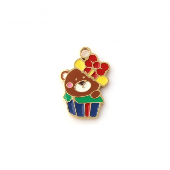 Immagine di 1 Piece Eco-friendly PVD Vacuum Plating 304 Stainless Steel Charms 18K Real Gold Plated Multicolor Enamel Christmas Gift Box Bear 17mm x 11mm