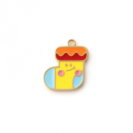Immagine di 1 Piece Eco-friendly PVD Vacuum Plating 304 Stainless Steel Charms 18K Real Gold Plated Multicolor Enamel Christmas Stocking 17mm x 15mm