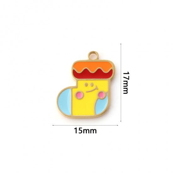 Immagine di 1 Piece Eco-friendly PVD Vacuum Plating 304 Stainless Steel Charms 18K Real Gold Plated Multicolor Enamel Christmas Stocking 17mm x 15mm