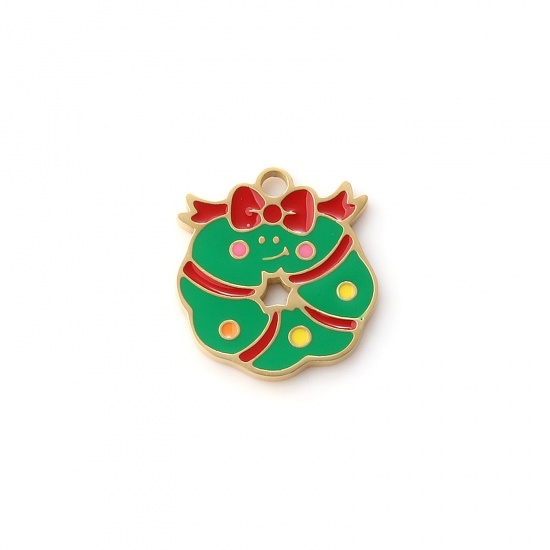 Immagine di 1 Piece Eco-friendly PVD Vacuum Plating 304 Stainless Steel Charms 18K Real Gold Plated Green Enamel Christmas Wreath 16mm x 14.5mm