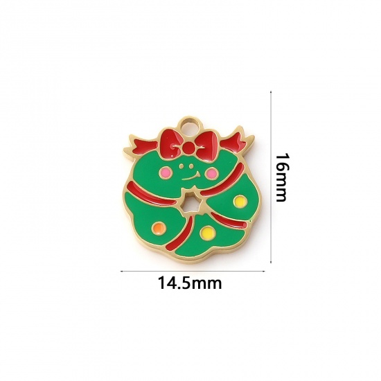 Immagine di 1 Piece Eco-friendly PVD Vacuum Plating 304 Stainless Steel Charms 18K Real Gold Plated Green Enamel Christmas Wreath 16mm x 14.5mm