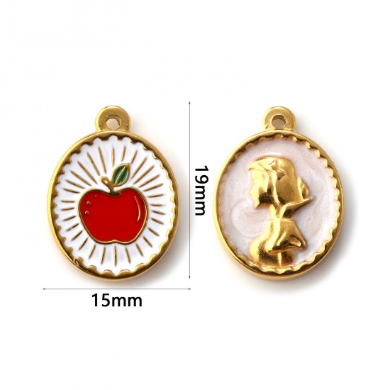 Picture of 2 PCs Eco-friendly PVD Vacuum Plating 304 Stainless Steel Charms 18K Real Gold Plated Red Enamel Apple Fruit Princess Double Sided 19mm x 15mm