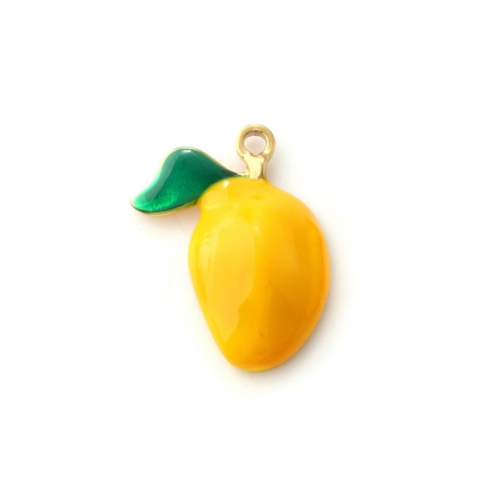 Picture of 2 PCs Eco-friendly PVD Vacuum Plating 304 Stainless Steel Charms 18K Real Gold Plated Yellow Enamel Mango Fruit 22mm x 18mm